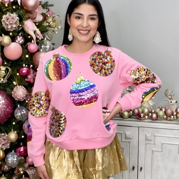 QUEEN OF SPARKLES Tops - QUEEN OF SPARKLES ORNAMENT SWEATSHIRT PINK Small